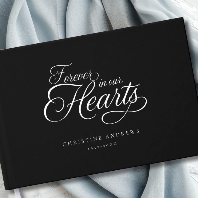 "Forever in our Hearts"  Keepsake Funeral  Guest Book (Elegant, Minimalist, Script Font "Forever in our Hearts" Custom Guest Book.)