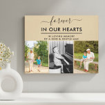 Forever in our Hearts Loving Memory 3 Photo Beige Canvas Print<br><div class="desc">Custom wrapped canvas with remembrance photos and personalized memorial message. The title reads "forever in our hearts" in elegant handwritten script and modern uppercase print. The photo template is set up ready for you to add 3 of your cherished photos and you can also add your own custom wording. The...</div>