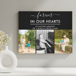 Forever in our Hearts Loving Memory 3 Photo Black Canvas Print<br><div class="desc">Custom wrapped canvas with remembrance photos and personalized memorial message. The title reads "forever in our hearts" in elegant handwritten script and modern uppercase print. The photo template is set up ready for you to add 3 of your cherished photos and you can also add your own custom wording. The...</div>