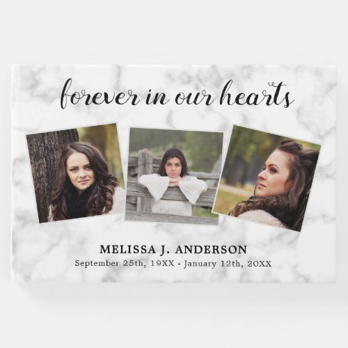 Forever In Our Hearts Memorial 3 Photo Funeral Guest Book - Modern Marble Memorial Sympathy 3 Photo Funeral Guest Book. This funeral guest book feature a unique photo collage for 3 of your favorite photos, name and dates, on a white marble design. Personalize the spine with message and name. This modern elegant marble guest book is perfect keepsake for memorial service, celebration of life and funeral . COPYRIGHT © 2020 Judy Burrows, Black Dog Art - All Rights Reserved. Forever In Our Hearts Memorial 3 Photo Funeral Guest Book 