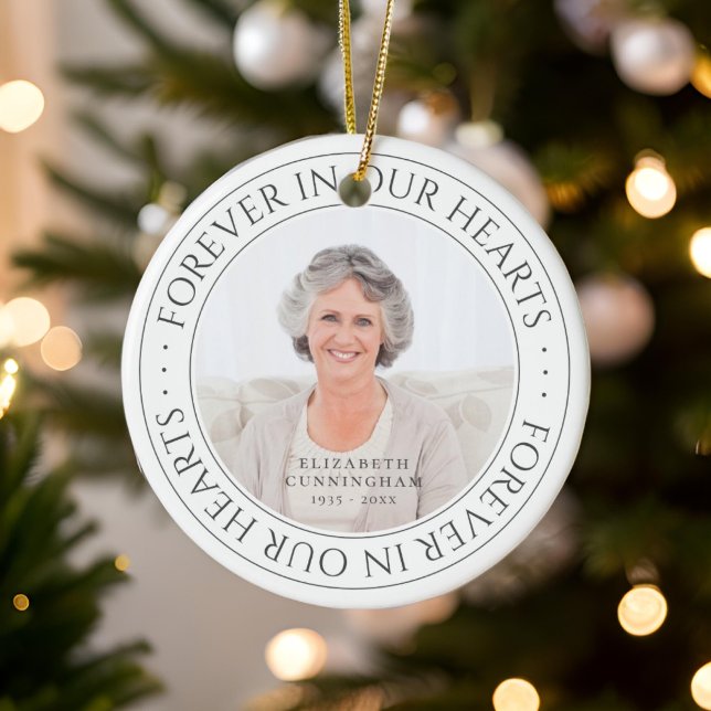 Forever In Our Hearts Memorial Elegant Photo Ceramic Ornament (Creator Uploaded)