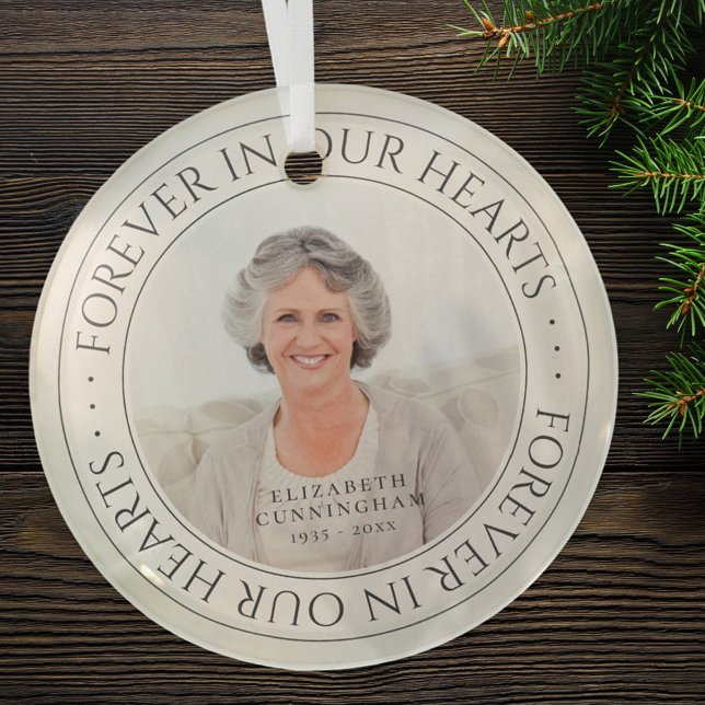 Forever In Our Hearts Memorial Elegant Photo Glass Ornament (Creator Uploaded)