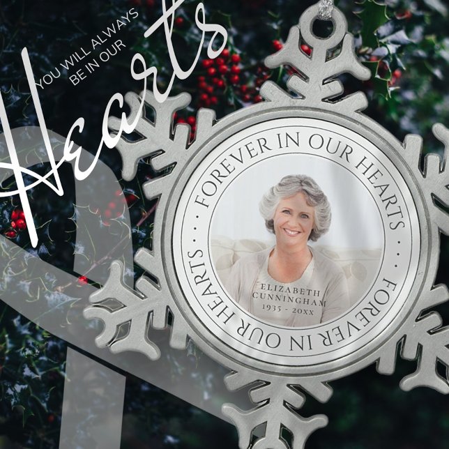 Forever In Our Hearts Memorial Elegant Photo Snowflake Pewter Christmas Ornament (Creator Uploaded)