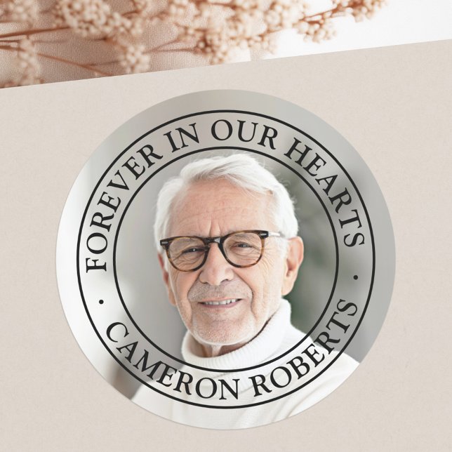 Forever in our hearts memorial full photo elegant classic round sticker (Forever in our hearts memorial full photo elegant classic round sticker)
