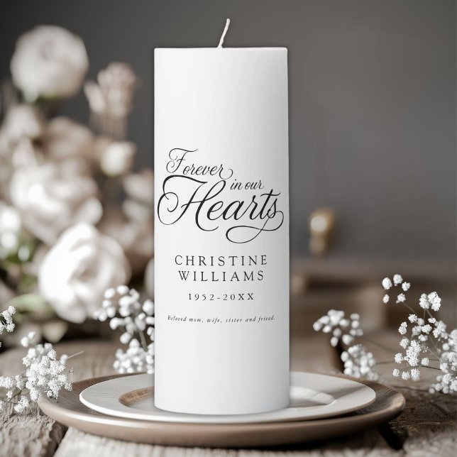"Forever in our Hearts" Memorial, Funeral Pillar Candle ("Forever in our Hearts" Memorial, Funeral Pillar Custom Candle with place for name and date.)