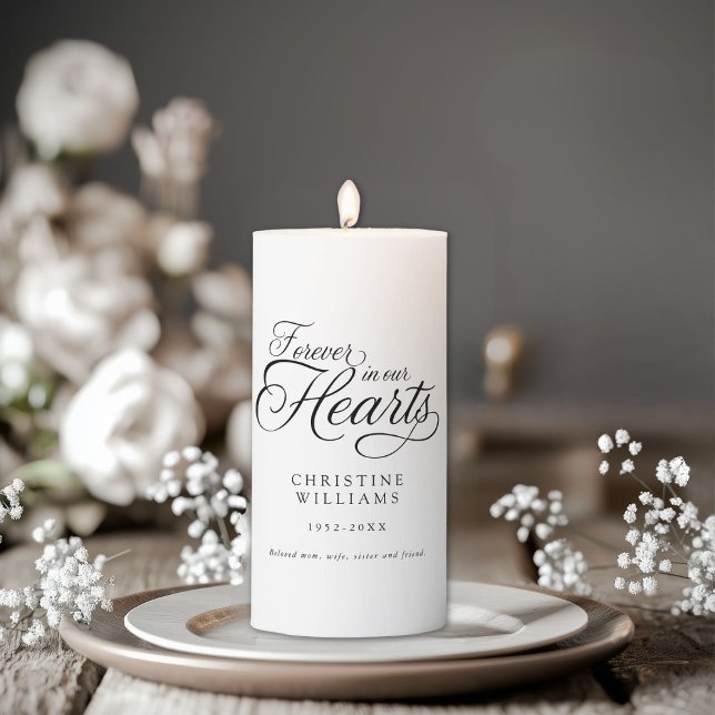 "Forever in our Hearts" Memorial, Funeral Pillar Candle ("Forever in our Hearts" Memorial, Funeral Pillar Custom Candle with place for name and date.)