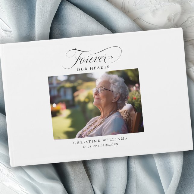 "Forever in our Hearts" Memorial, Name, Photo Guest Book ("In Loving Memory" Memorial, Name, Quote " celebration of life, white, photo, funeral guest book.)
