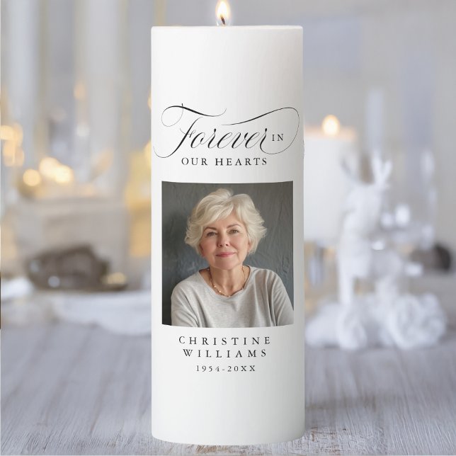 "Forever in our Hearts" Memorial, Name, Photo Pillar Candle (Customer specific "Forever in our hearts" Pillar Candle with lovely quote. Elegant, script font.)