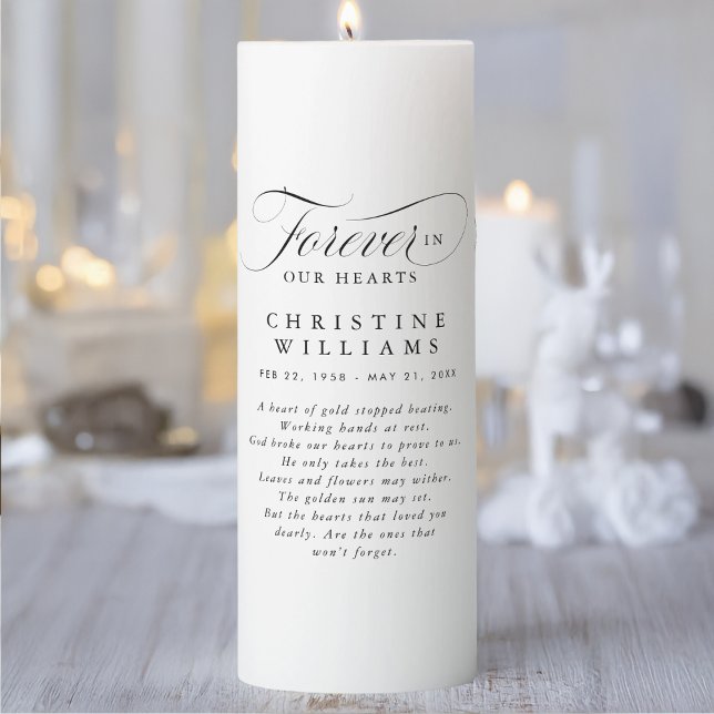 "Forever in our Hearts" Memorial, Name, Quote Pillar Candle ( "Forever in our Hearts" Pillar Candle with lovely quote. Modern, elegant, script font.)