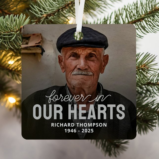 Forever In Our Hearts Memorial Photo Christmas Metal Ornament (Creator Uploaded)