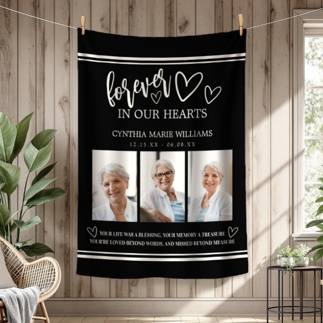 Forever In Our Hearts Memorial Photo Collage Fleece Blanket (Forever In Our Hearts Memorial Photo Collage Black and White Elegant Typography Fleece Blanket)