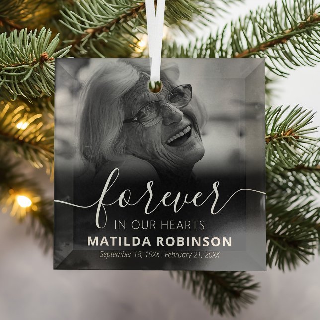 Forever in our Hearts Memorial Photo Glass Ornamen Glass Ornament (Creator Uploaded)