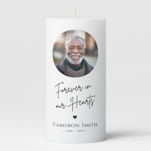 Forever in our hearts memorial photo modern script pillar candle