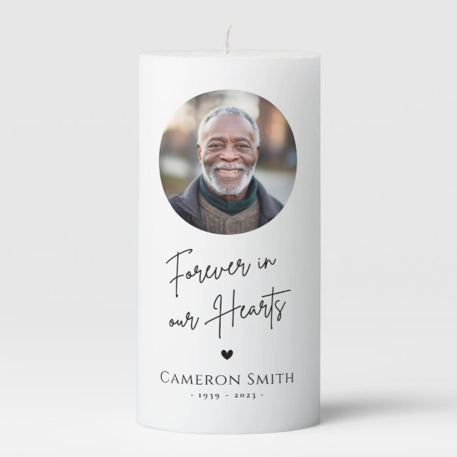 Forever in our hearts memorial photo modern script pillar candle (Front)