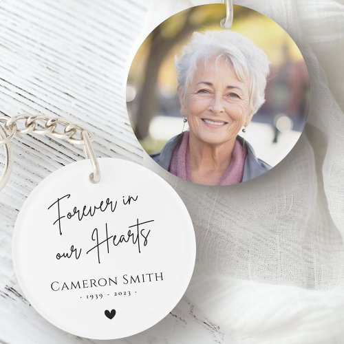 Forever in our hearts memorial photo modern white keychain