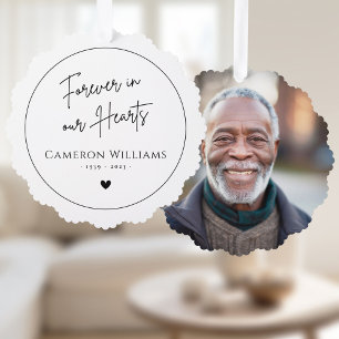 Forever in our hearts memorial photo modern white ornament card