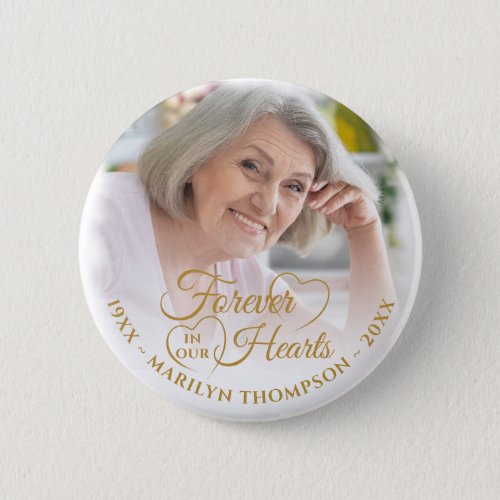 Forever In Our Hearts Memorial Photo Name Gold Button