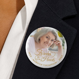 Forever In Our Hearts Memorial Photo Name Gold Button
