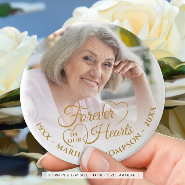 Forever In Our Hearts Memorial Photo Name Gold Button (Creator Uploaded)