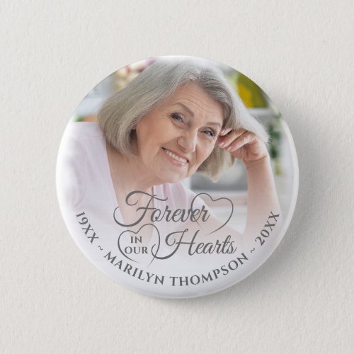 Forever In Our Hearts Memorial Photo Name Gray Button