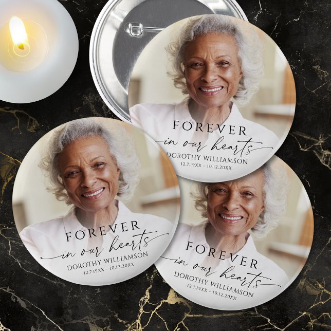 Forever in Our Hearts Memorial Photo Personalized Button (Creator Uploaded)