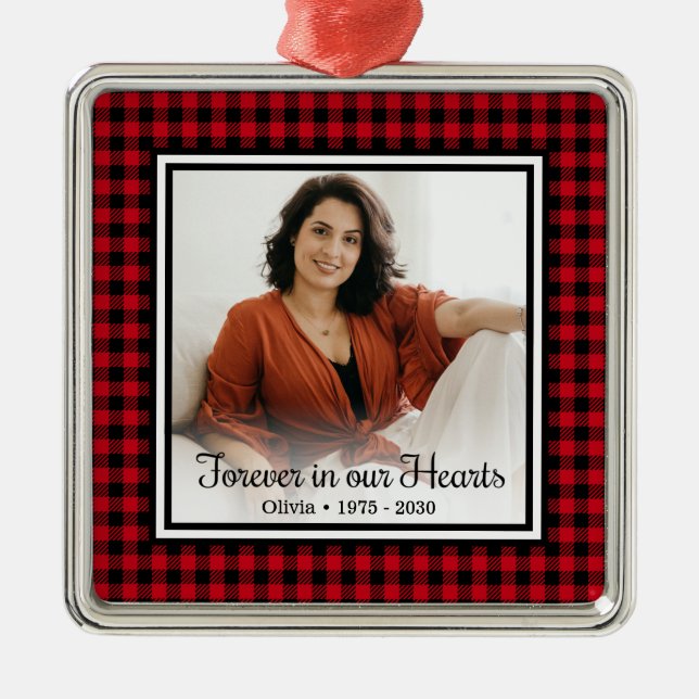 Forever In Our Hearts Memorial Red Buffalo Check Metal Ornament (Front)