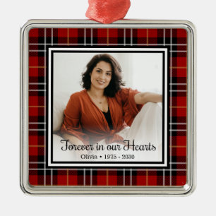 Forever In Our Hearts Memorial Red Plaid Metal Ornament