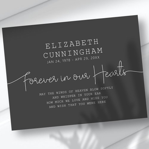 Forever In Our Hearts Memorial Simple Modern Quote Announcement Postcard