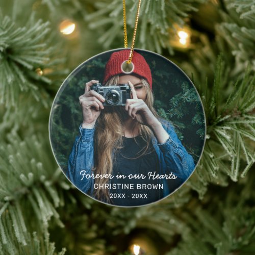 Forever in Our Hearts Modern Simple Photo Memorial Ceramic Ornament