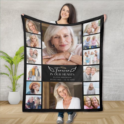 Forever in Our Hearts Multi Photo Collage Memorial Fleece Blanket
