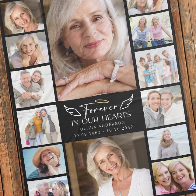 Forever in Our Hearts Multi Photo Collage Memorial Fleece Blanket (Creator Uploaded)