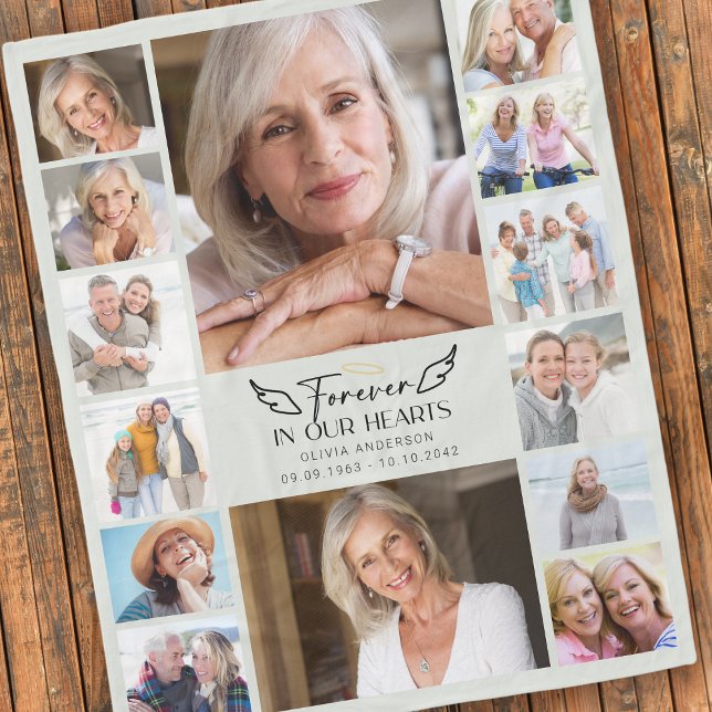 Forever in Our Hearts Multi Photo Collage Memorial Fleece Blanket (Creator Uploaded)