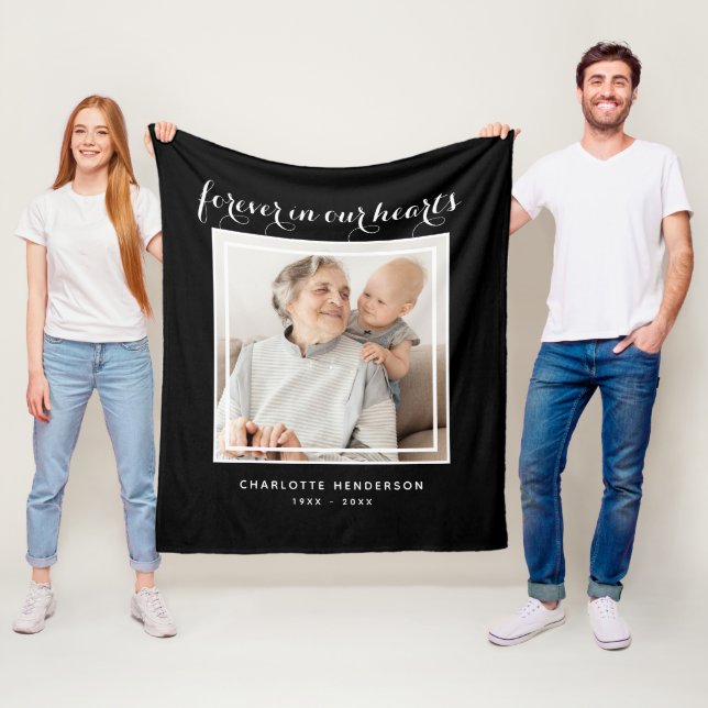 Forever In Our Hearts Or Custom Text Photo Tribute Fleece Blanket (In Situ)
