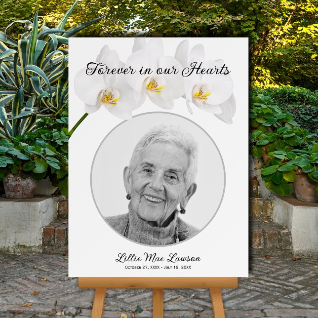 Forever in our Hearts Orchid Funeral Memorial  Foam Board (Celebration of Life white orchids and photo memorial funeral foam board sign, choose your size)