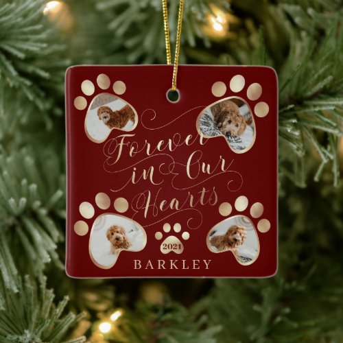Forever in Our Hearts Paw Print Photo Pet Memorial Ceramic Ornament
