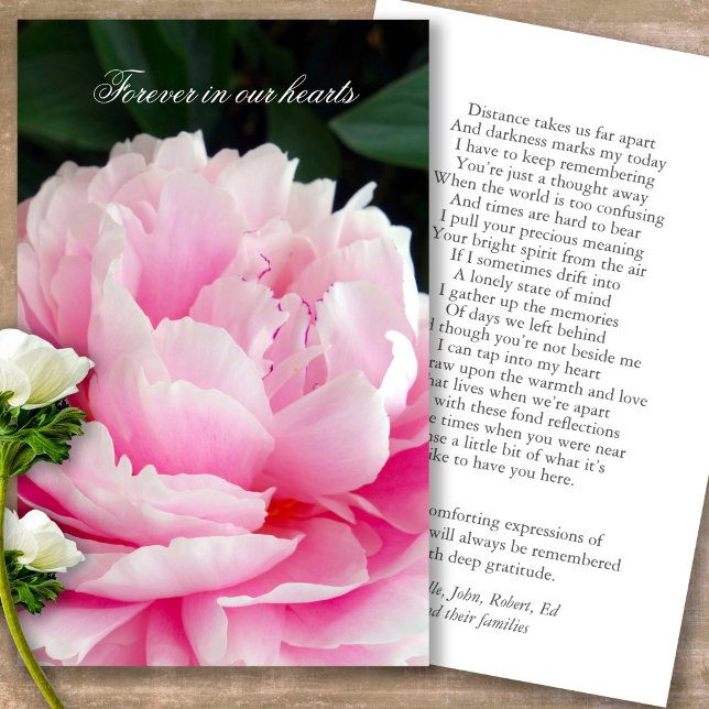 Forever In Our Hearts Peony Prayer Sympathy Cards (Forever in our hearts, celebration of life, in loving memory of, prayer cards for bereavement)