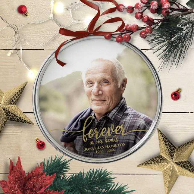Forever In Our Hearts Personalized Photo Memorial Metal Ornament (Creator Uploaded)