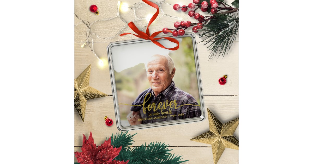 Forever In Our Hearts Personalized Photo Memorial Metal Ornament | Zazzle