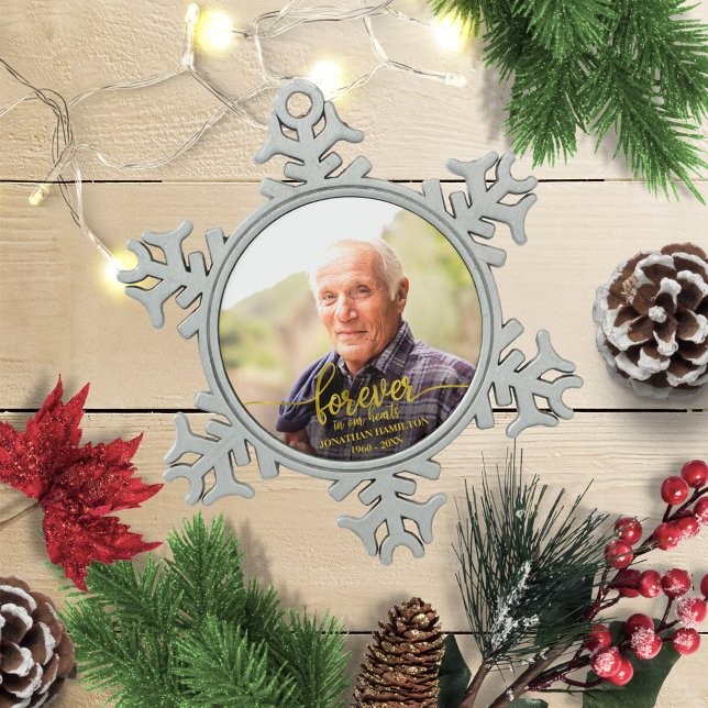 Forever In Our Hearts Personalized Photo Memorial Snowflake Pewter Christmas Ornament (Creator Uploaded)