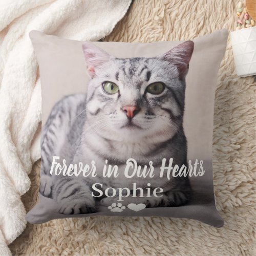 Forever in Our Hearts Pet Cat Photo Memorial Throw Pillow