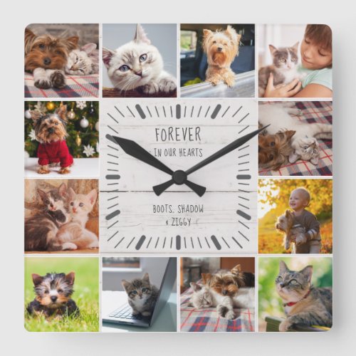 Forever in our Hearts Pet Farmhouse Photo Collage Square Wall Clock