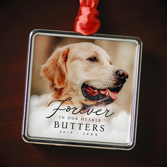 Forever in our Hearts Pet Memorial Modern Photo Metal Ornament (Creator Uploaded)