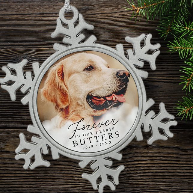 Forever in our Hearts Pet Memorial Modern Photo Snowflake Pewter Christmas Ornament (Creator Uploaded)