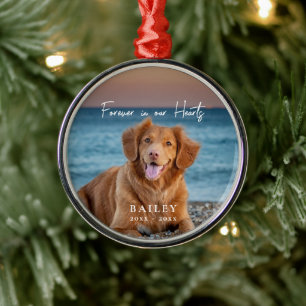 Forever in our Hearts Pet Memorial Name Photo Metal Ornament