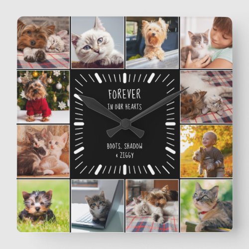 Forever in our Hearts Pet Memorial Photo Collage Square Wall Clock
