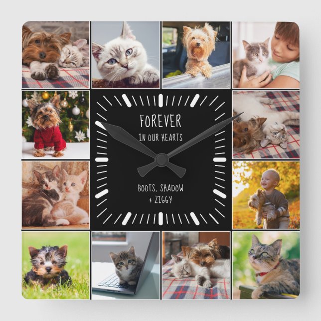 Forever in our Hearts Pet Memorial Photo Collage Square Wall Clock (Front)