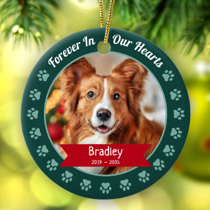 Forever in Our Hearts Pet Photo Green Paw Memorial Ceramic Ornament