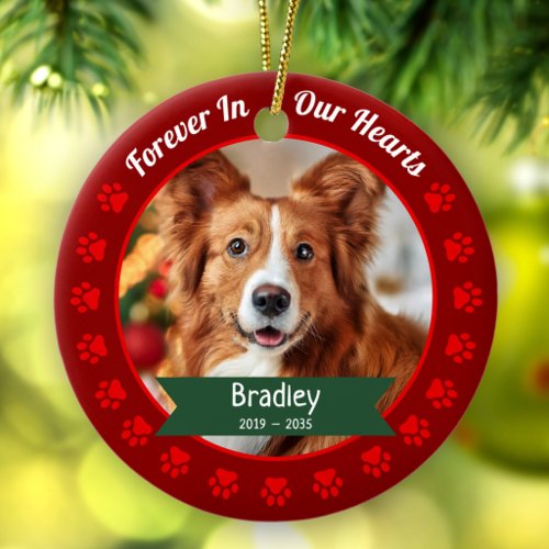 Forever in Our Hearts Pet Photo Red Paws Memorial Ceramic Ornament
