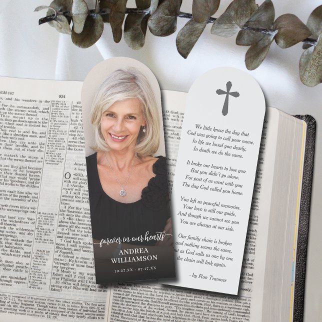 Forever in our Hearts Photo Funeral Bookmarks (Forever in Our Hearts bookmarks, your photo with details on the front and poem or prayer on the back)