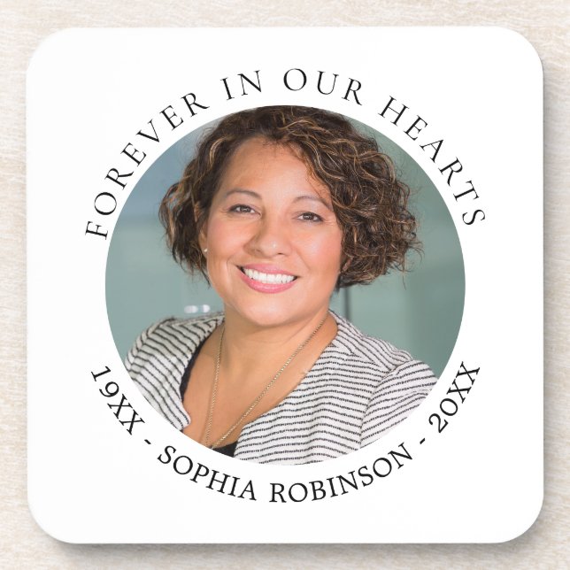 Forever In Our Hearts Photo Funeral Memorial Beverage Coaster (Front)